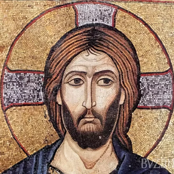 Close-up UHD detail of Christ Pantocrator mosaic in Berlin showing intricate facial features and golden background