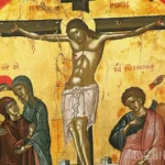 Crucifixion icon by Theophanes detail showing Christ's torso against golden background