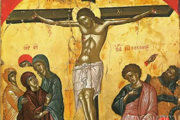 Crucifixion icon by Theophanes detail showing Christ's torso against golden background