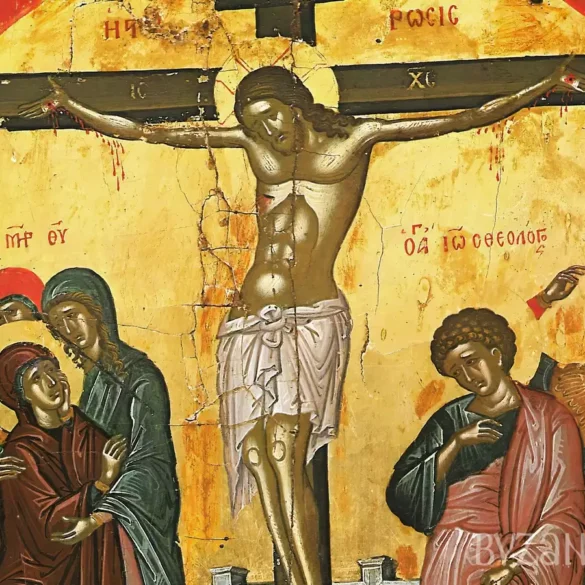 Crucifixion icon by Theophanes detail showing Christ's torso against golden background