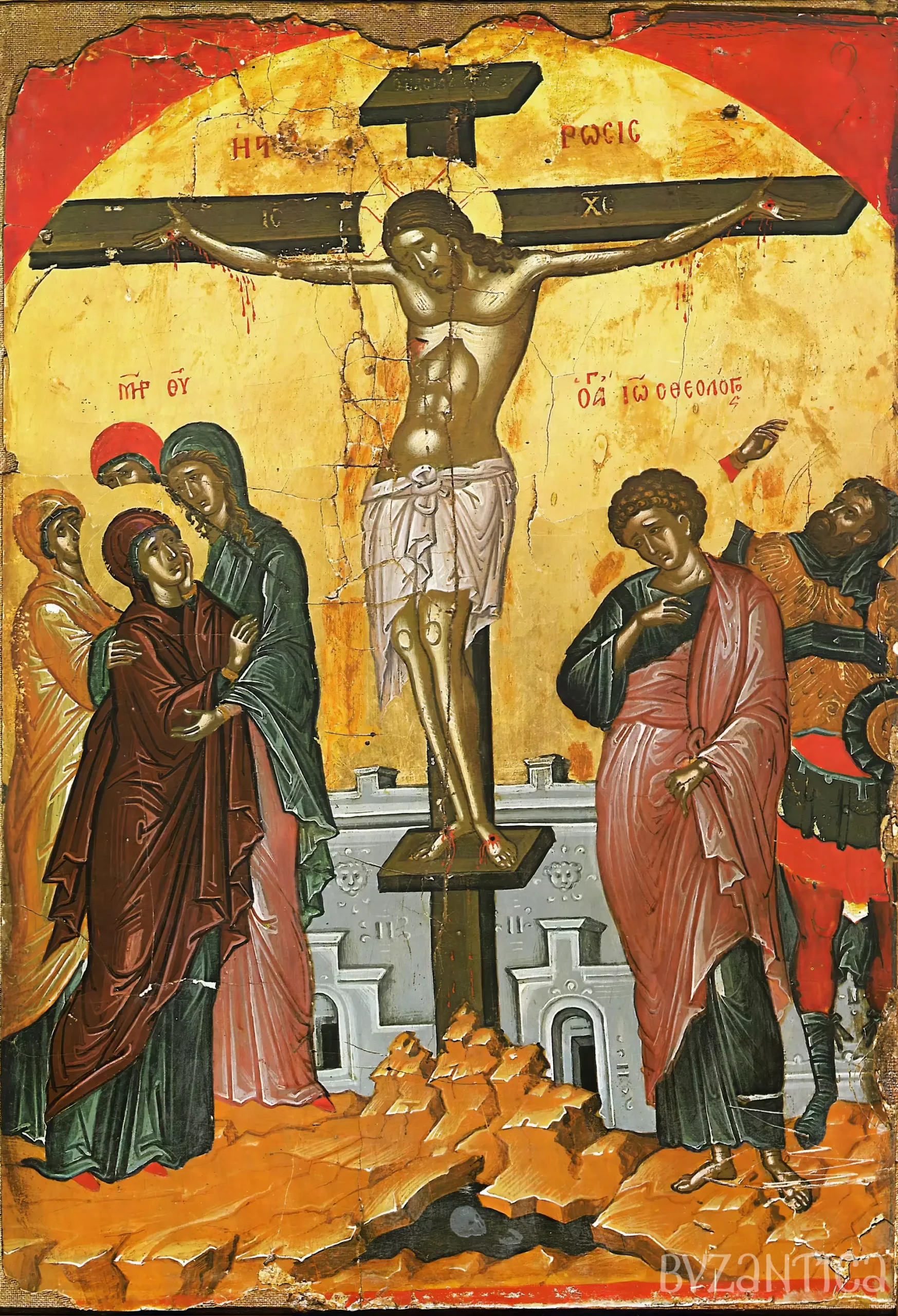 Crucifixion icon by Theophanes full composition with mourning figures at Mount Athos in UHD resolution