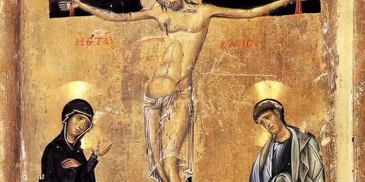 Detail of Crucifixion with Saints at Sinai showing Christ's face and surrounding saints, 12th century