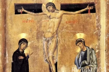 Detail of Crucifixion with Saints at Sinai showing Christ's face and surrounding saints, 12th century