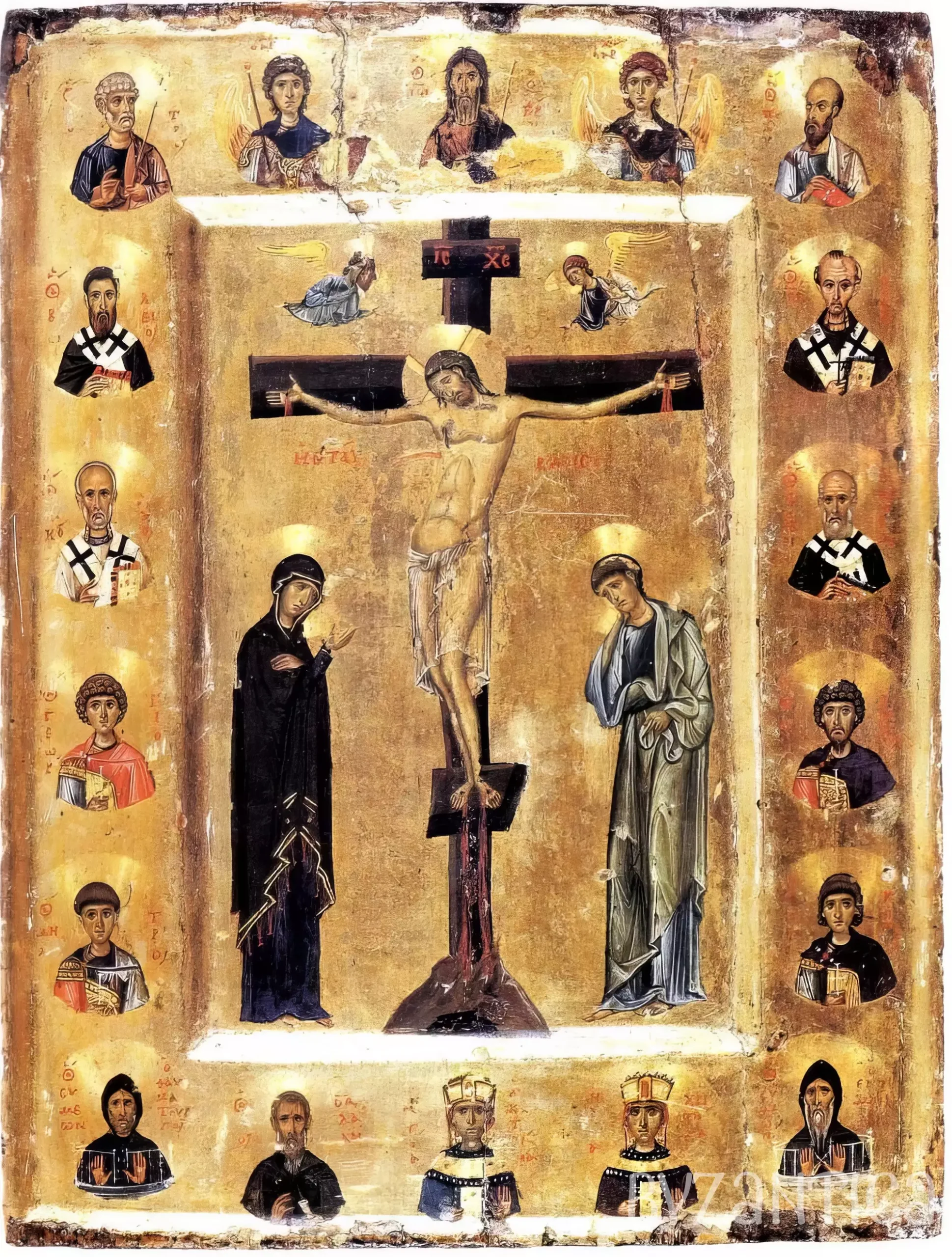 Byzantine icon UHD Crucifixion with Saints at Sinai complete composition with medallion border of saints, 12th century Byzantine icon UHD