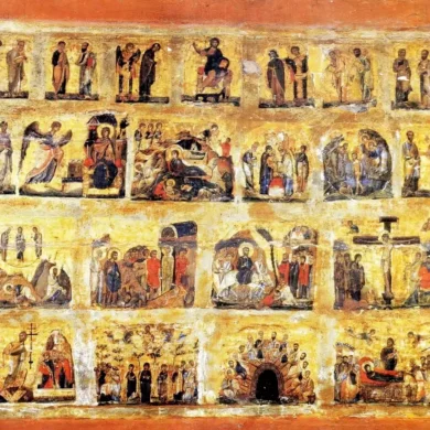 Deesis Sinai Icon showing Christ enthroned with intercessory figures, 11th century Byzantine masterwork