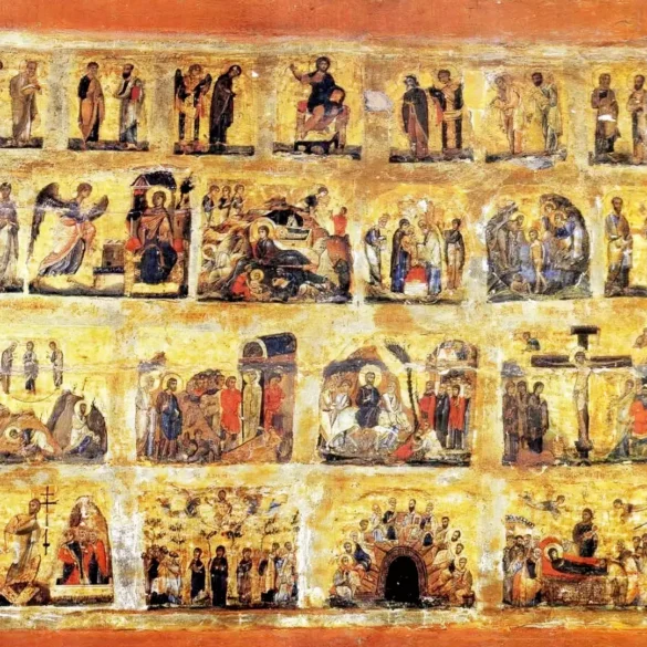 Deesis Sinai Icon showing Christ enthroned with intercessory figures, 11th century Byzantine masterwork