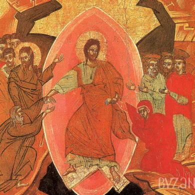 Descent to Hades icon in Livorno detail showing Christ's dramatic pose and mandorla against gold ground UHD