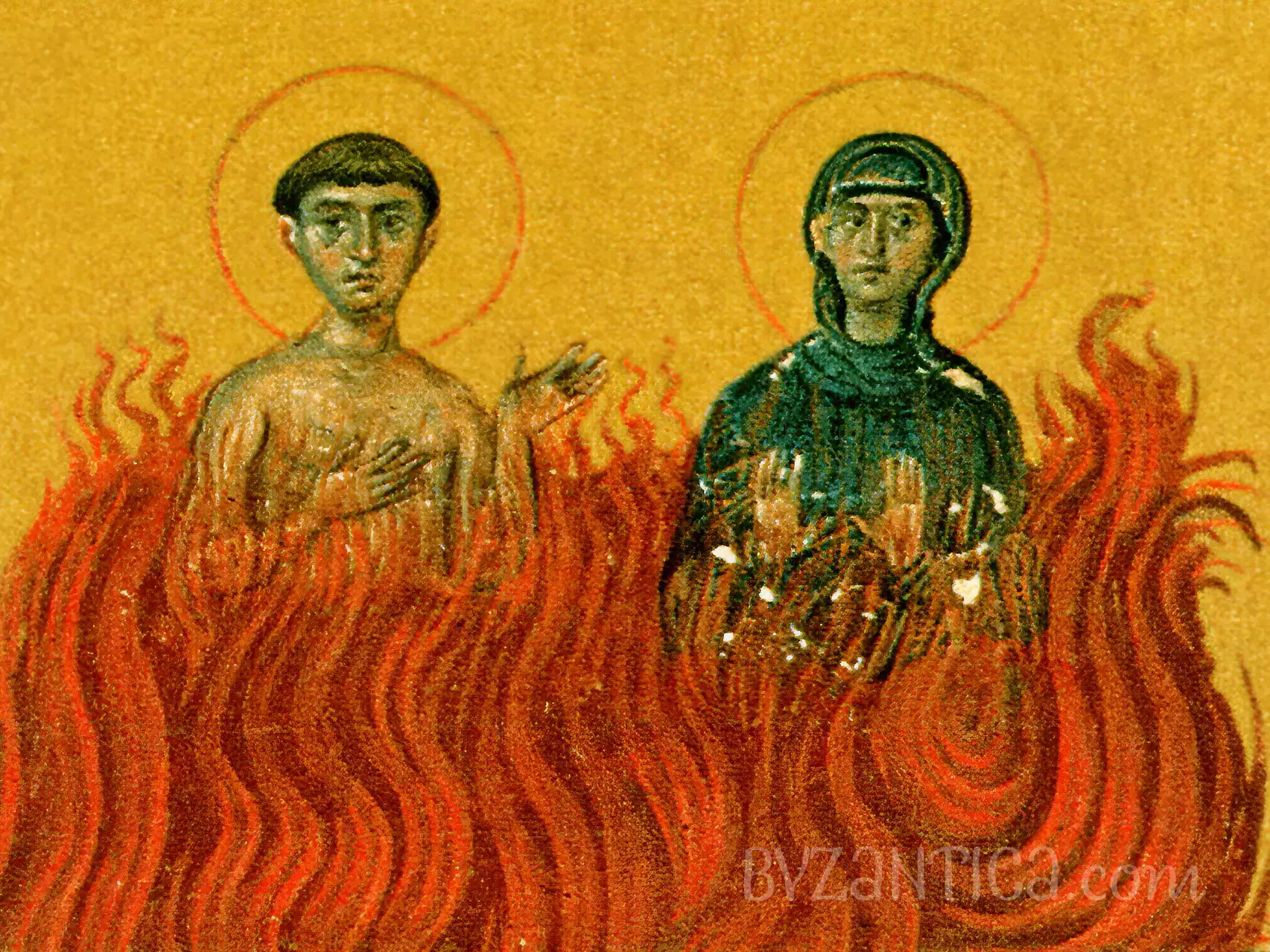 Saints Cyraina and Juliana detail from Basil Menologion Byzantine manuscript showing martyrs amid flames