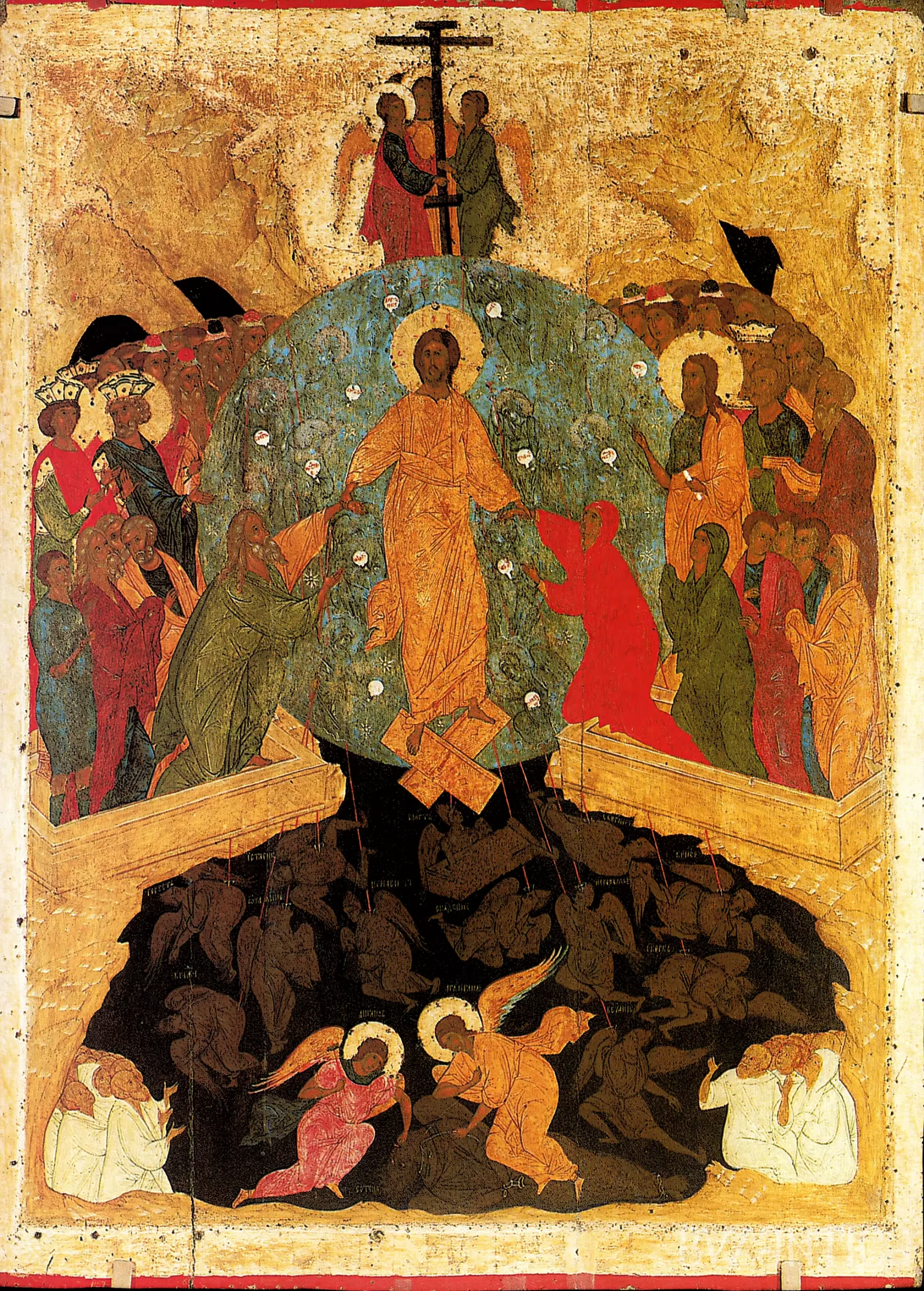 Descent into Hades by Dionysius full composition showing Christ's victory over death, UHD medieval Russian icon