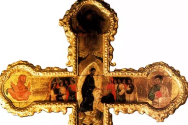 Double-sided Cross by Ravda central panel with gilded details and religious scenes 2