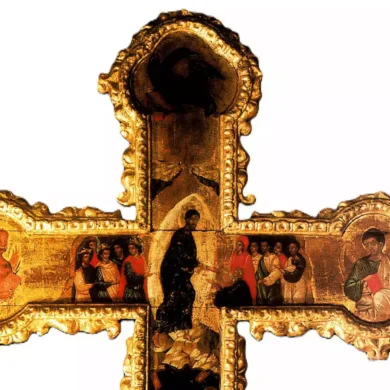 Double-sided Cross by Ravda central panel with gilded details and religious scenes 2