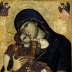 Glykophilousa in Philotheu monastery detailed view of Virgin and Child faces tender embrace