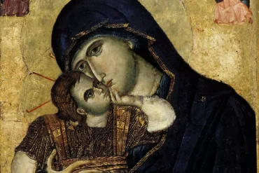 Glykophilousa in Philotheu monastery detailed view of Virgin and Child faces tender embrace