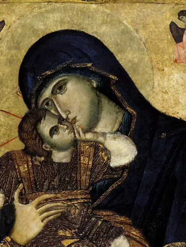 Glykophilousa in Philotheu monastery detailed view of Virgin and Child faces tender embrace