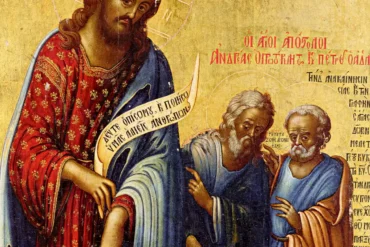 Kornaros Apostles painting showing Christ calling Peter and Andrew, masterful 18th-century Orthodox icon