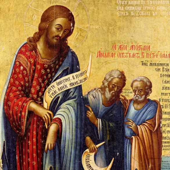 Kornaros Apostles painting showing Christ calling Peter and Andrew, masterful 18th-century Orthodox icon