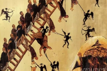 Close-up UHD detail of monks climbing the Ladder of Divine Ascent at Saint Catherine while demons attack with arrows