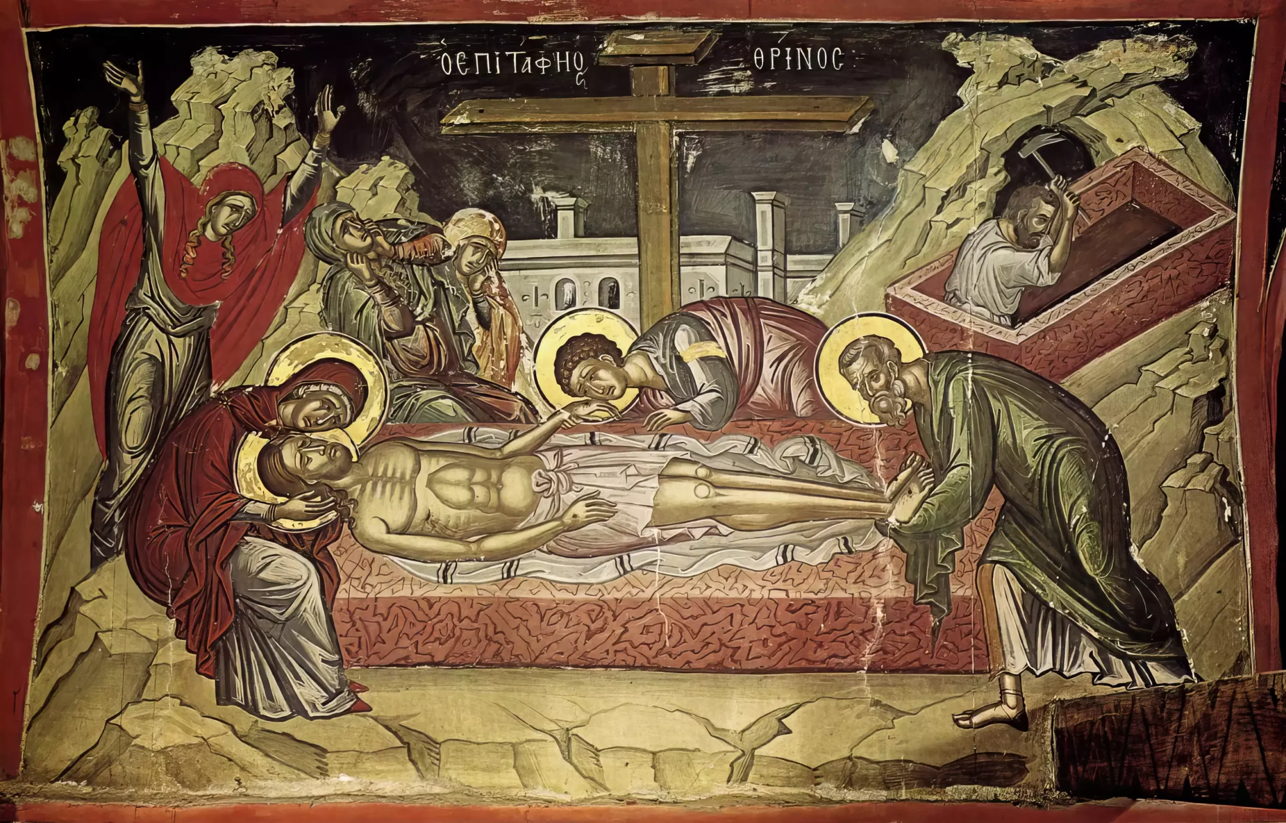 Lamentation of Christ Byzantine wall painting by Theophanes the Greek at Mount Athos monastery UHD detailed view