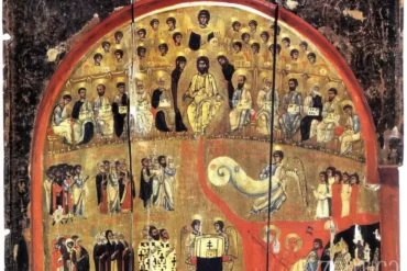 Photo alternative descriptions: Last Judgment Tetraptych in Saint Catherine Monastery detail showing Christ enthroned among saints