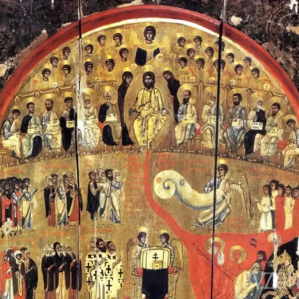 Photo alternative descriptions: Last Judgment Tetraptych in Saint Catherine Monastery detail showing Christ enthroned among saints