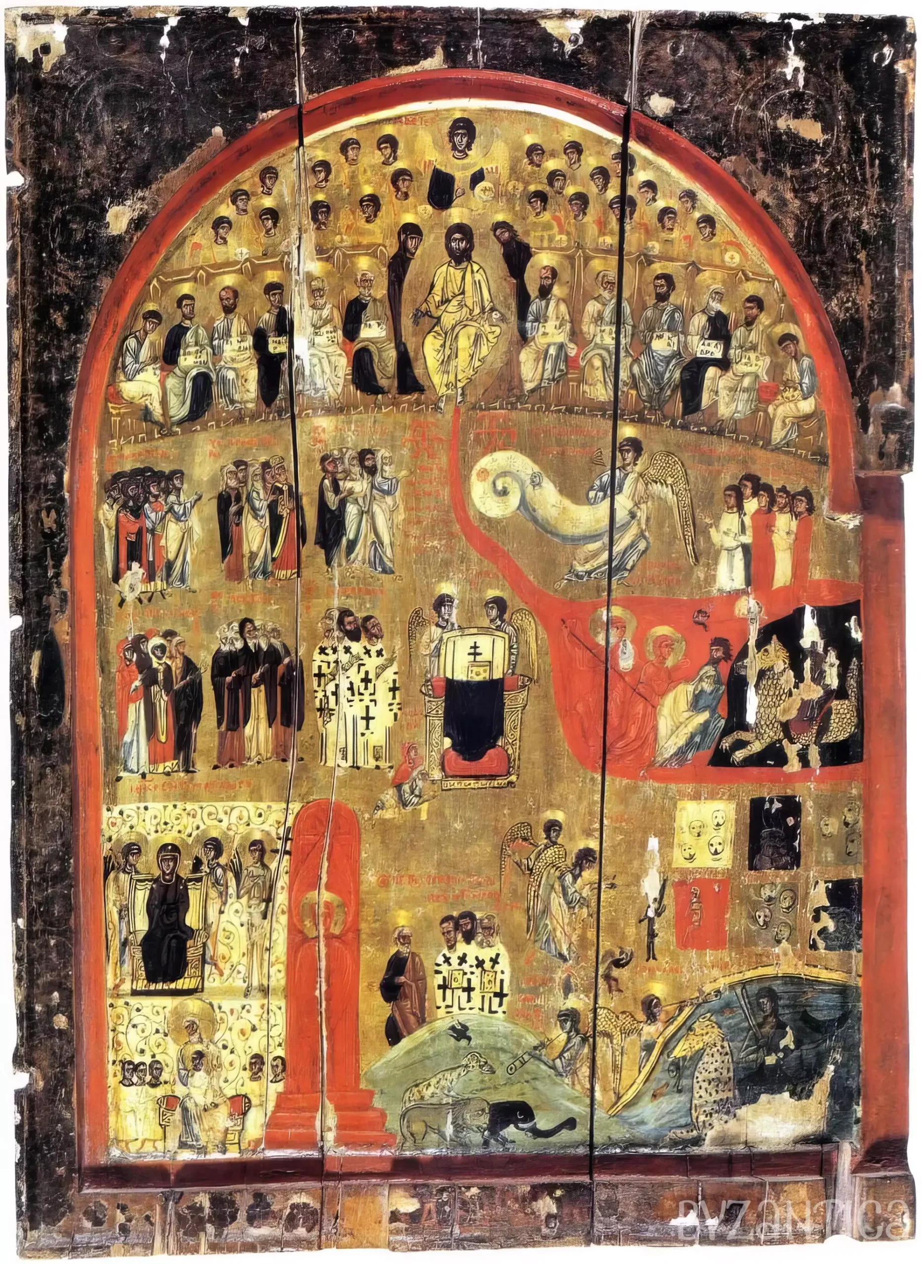 Last Judgment Tetraptych in Saint Catherine Monastery complete panel showing divine judgment scene UHD Byzantine icon