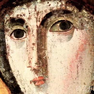 Detailed view of the Madonna's face from the 7th-century encaustic icon at St. Maria Nova