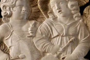 Malatesta Chapel sculptures featuring angelic musicians playing drums in exquisite marble relief