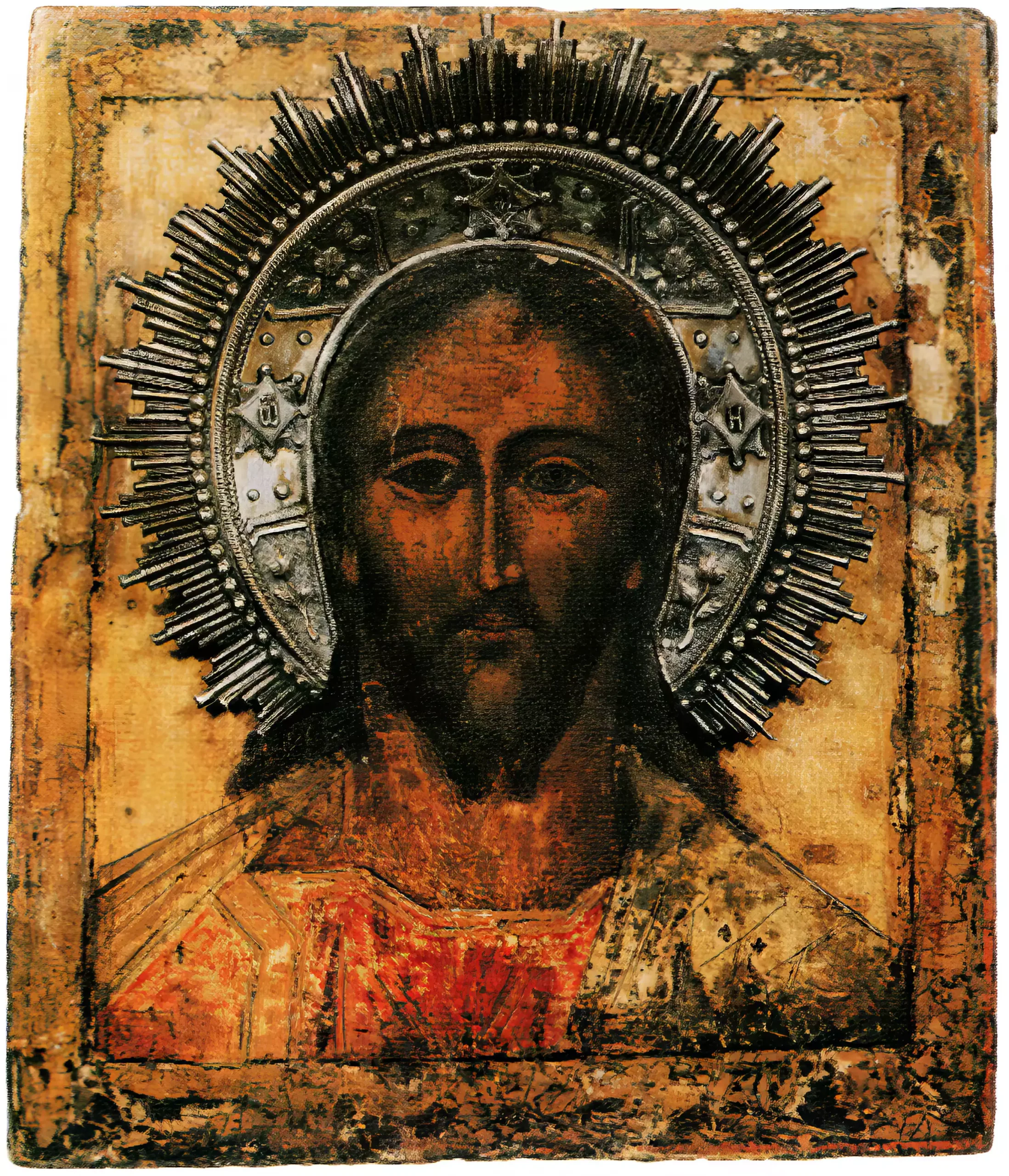 Moscow Pantokrator icon facial features and nimbus rendered in precise UHD detail, early 18th century