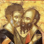 Close-up detail of Saints Peter and Paul's faces from 14th century Mount Athos Byzantine icon