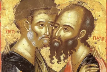 Close-up detail of Saints Peter and Paul's faces from 14th century Mount Athos Byzantine icon