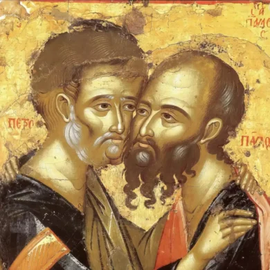 Close-up detail of Saints Peter and Paul's faces from 14th century Mount Athos Byzantine icon