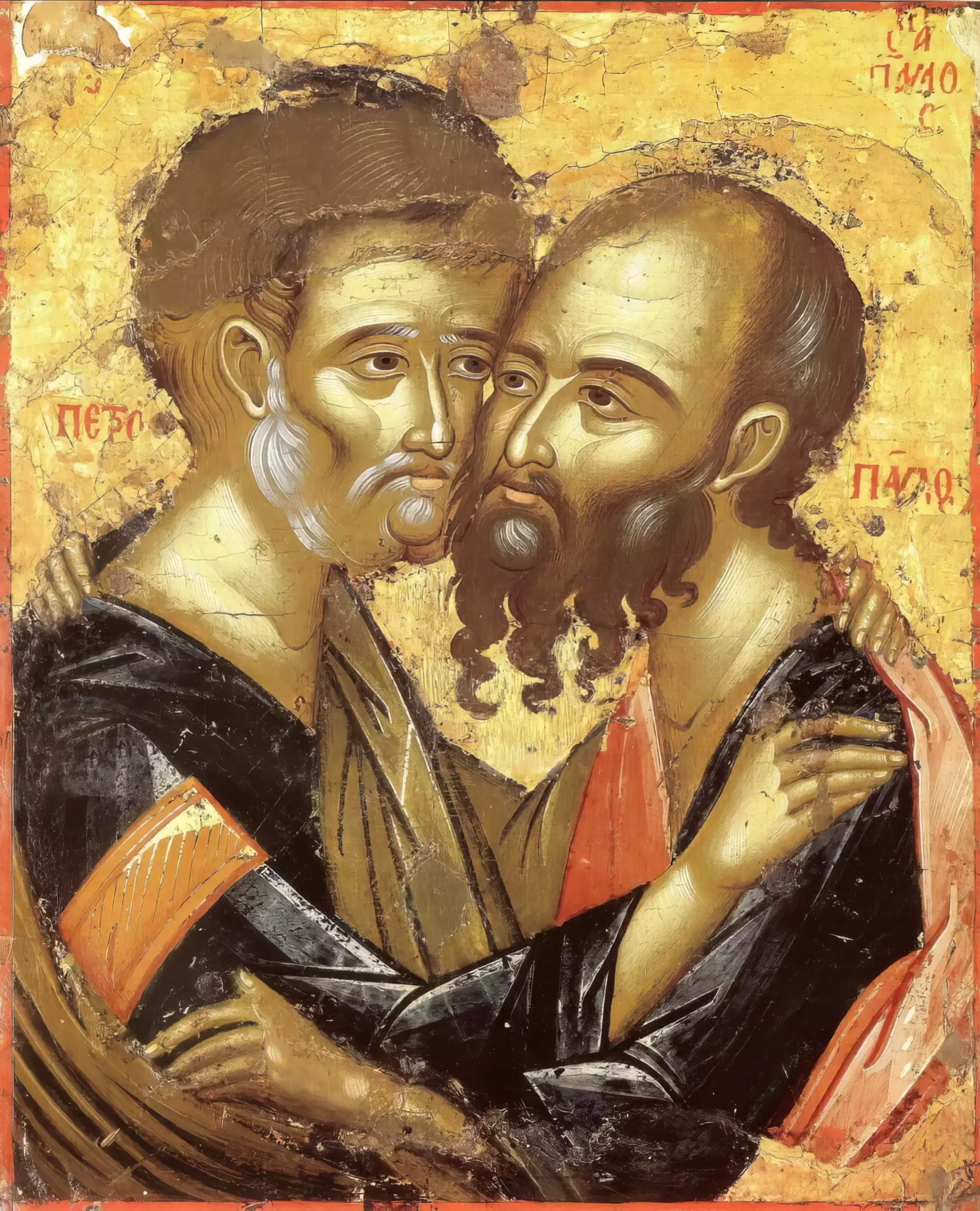 Complete view of Saints Peter and Paul's embrace from 14th century Mount Athos Byzantine icon in UHD