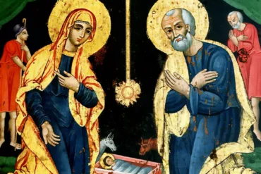 Nativity Icon from Crete showing the Holy Family in profound detail, Orthodox religious art in UHD quality