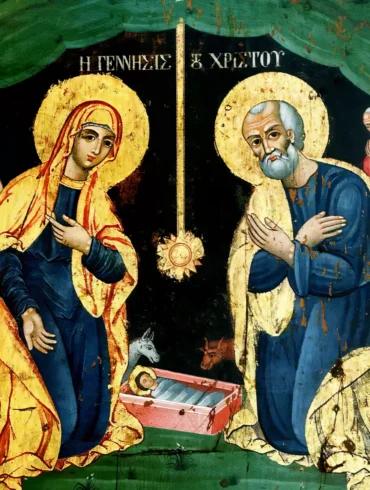 Nativity Icon from Crete showing the Holy Family in profound detail, Orthodox religious art in UHD quality