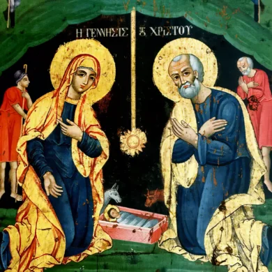 Nativity Icon from Crete showing the Holy Family in profound detail, Orthodox religious art in UHD quality