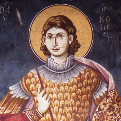 Ohrid Saint Prokopius Byzantine fresco showing warrior saint in golden armor, UHD restoration photograph