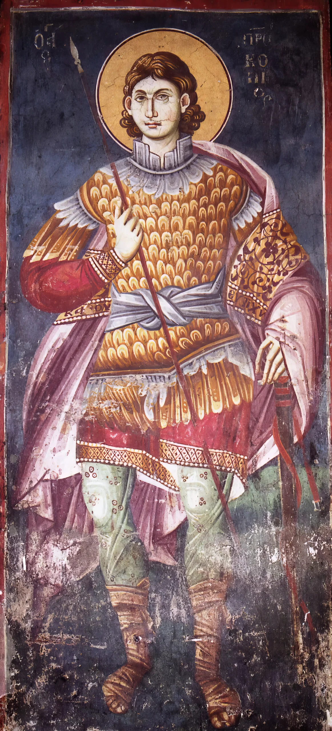 Ohrid Saint Prokopius fresco detail with rich colors and intricate Byzantine technique, UHD museum quality