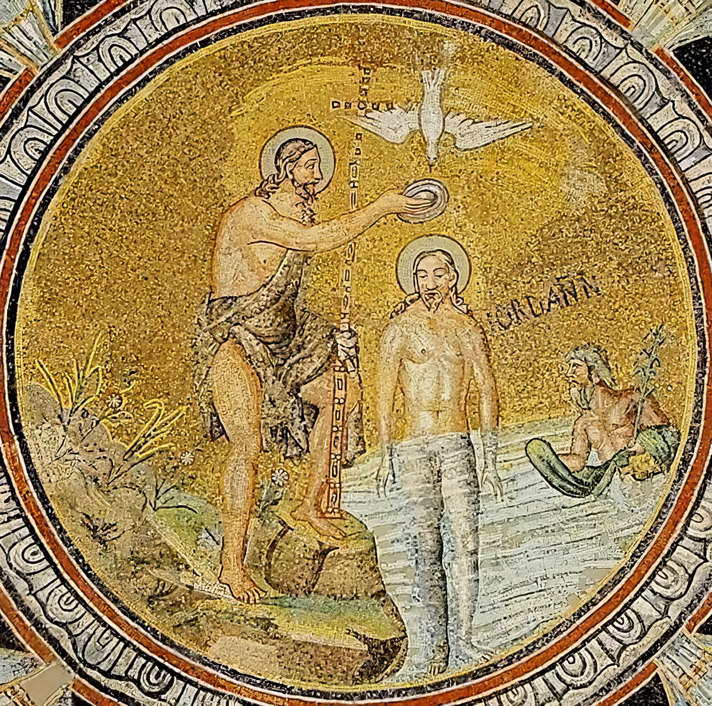 Orthodox Baptism Mosaic depicting sacred moment with John the Baptist and Christ in UHD clarity