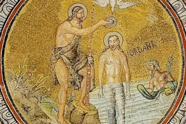 Orthodox Baptism Mosaic showing Christ's baptism with golden background and divine light