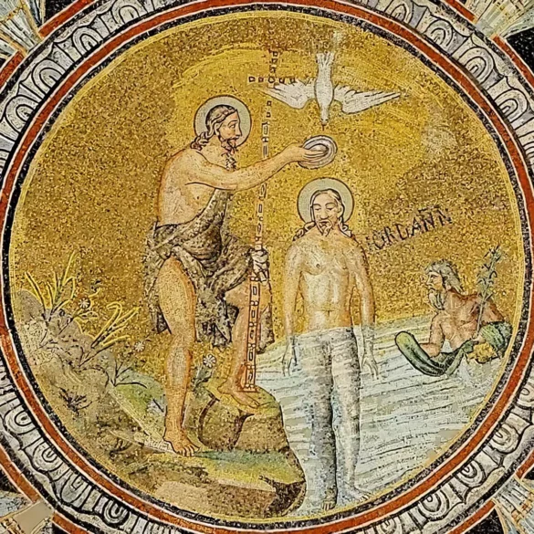 Orthodox Baptism Mosaic showing Christ's baptism with golden background and divine light