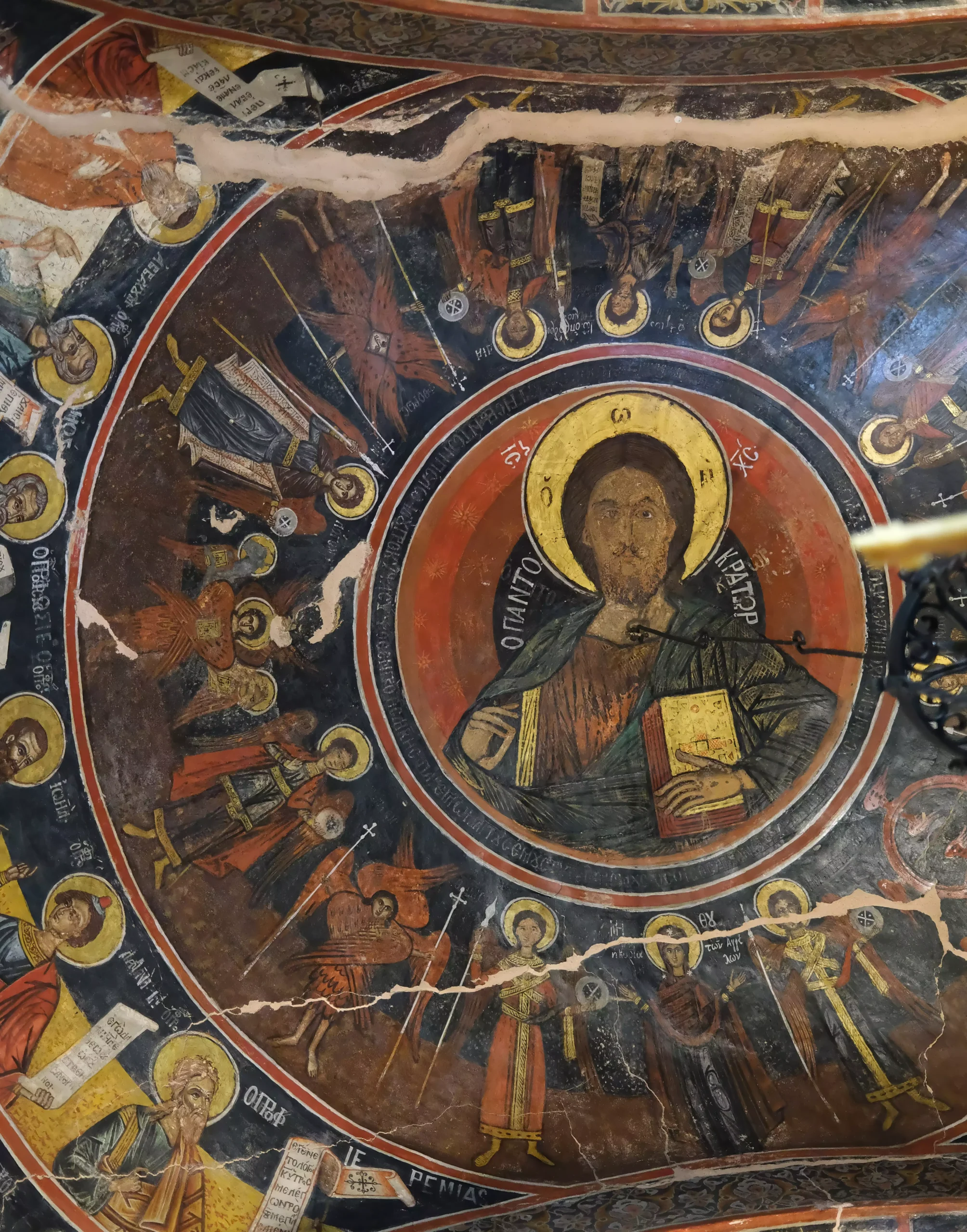 Pelekiti Monastery dome Byzantine fresco depicting celestial beings and saints in brilliant color UHD quality