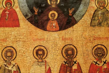 Pskov icon painting masterwork showing saints and Virgin of the Sign against gold ground, 15th century Russian icon