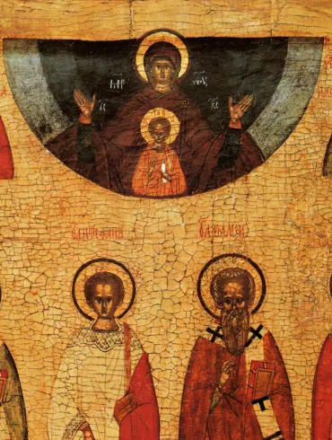 Pskov icon painting masterwork showing saints and Virgin of the Sign against gold ground, 15th century Russian icon