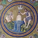 Ravenna Arian Baptistery mosaic showing Christ's baptism against golden background