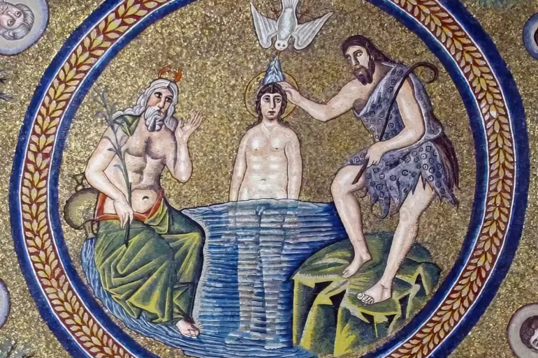 Ravenna Arian Baptistery mosaic showing Christ's baptism against golden background