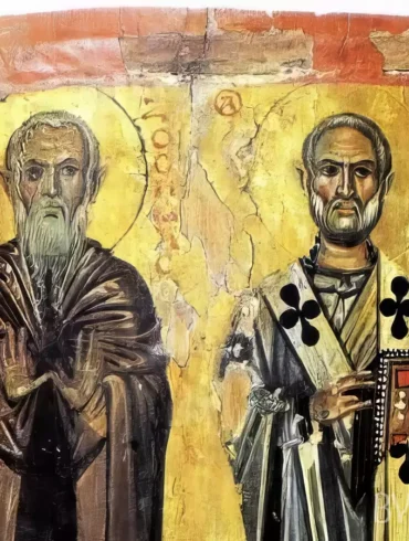 Sinai Saints Icon showing Saints Nicholas and Zosimas against gold background, masterful Byzantine technique, Monastery