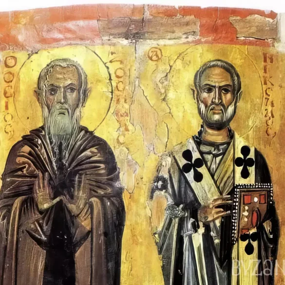 Sinai Saints Icon showing Saints Nicholas and Zosimas against gold background, masterful Byzantine technique, Monastery