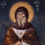 Saint Anthony of Egypt in Ohrid fresco showing the saint's contemplative expression and golden nimbus