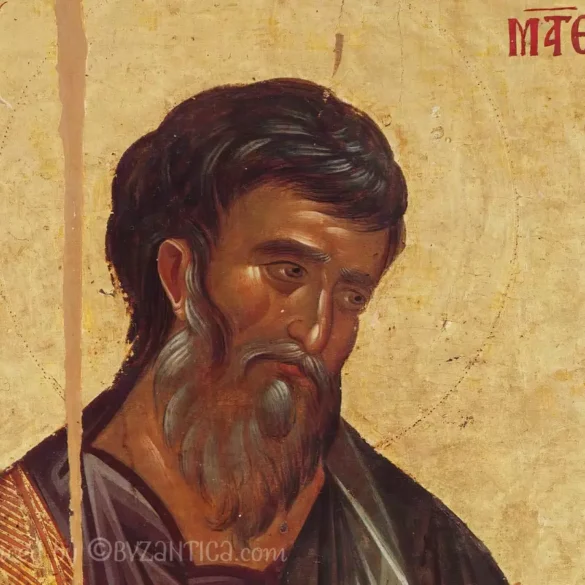 Saint Matthew in Hilandar facial portrayal shows masterful Byzantine technique in rendering divine contemplation