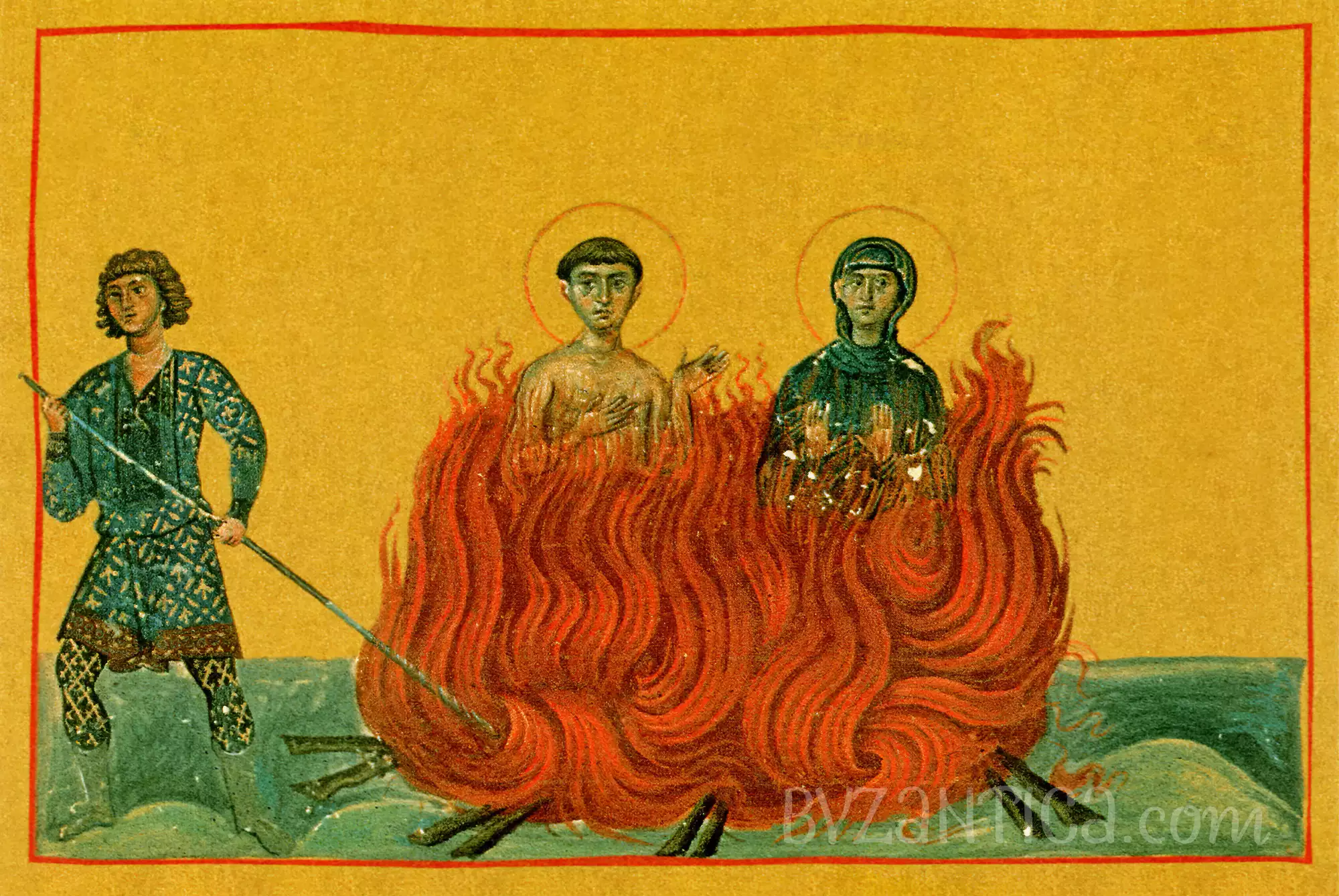 Saints Cyraina and Juliana in Basil Menologion full view Ultra High Resolution showing martyrdom scene in manuscript